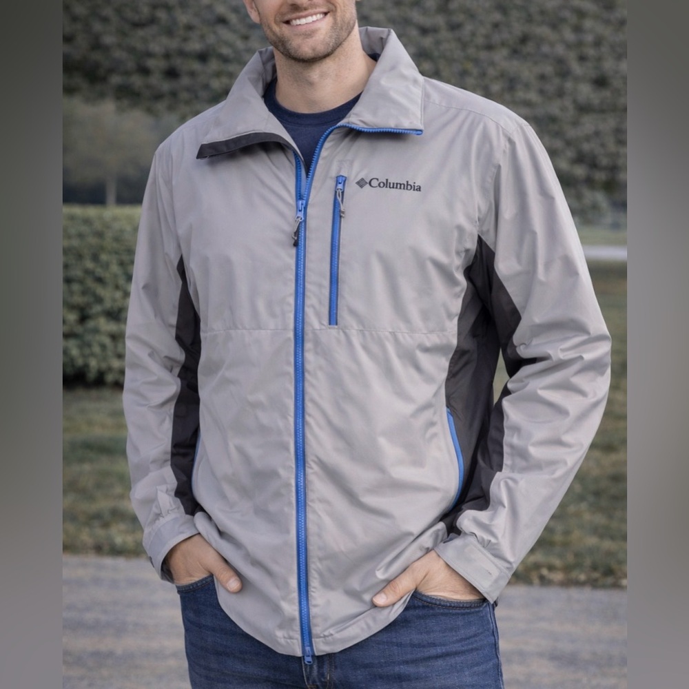 Columbia Gate Racer Softshell Jacket Grey & Black w/Royal Blue Zips Men's XXL